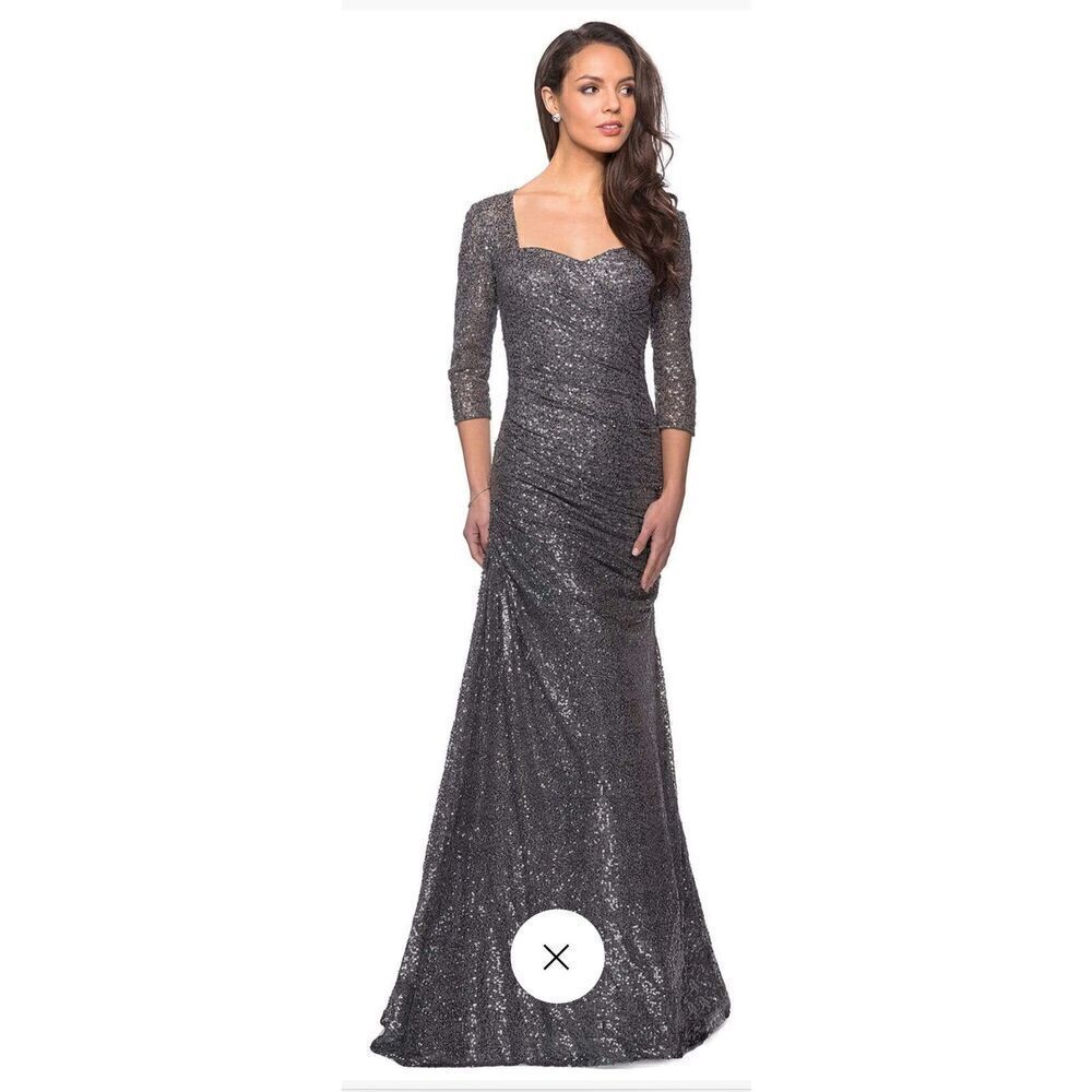 La Femme  28065 Sequined Shirred Trumpet Dress in Gunmetal NWT Size 4